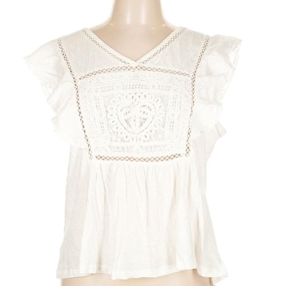 NWT LUCKY BRAND Short Flutter Sleeve Open Stitch Trim Cotton Top Size Large - Picture 2 of 6